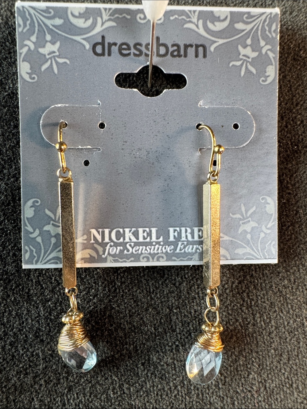 0322-dressbarn Gold Bar Drop Earrings with Light blue Faceted Teardrops